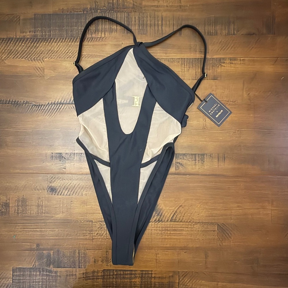 Michael Costello x REVOLVE Black Mesh Cutout One Piece Swimsuit XS Halter NEW